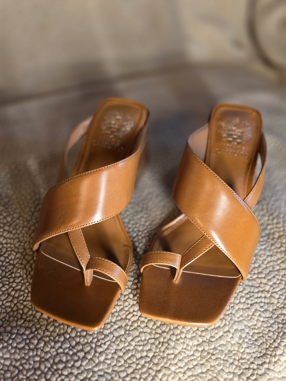 Vince Camuto Cognac Leather Cross-Strap Toe-Ring Heels